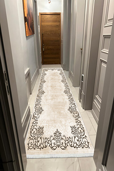 VOPTEKS Krem Yolluk Salon Antre Halısı Makinede Yıkanabilir Halı Kaymaz Taban...