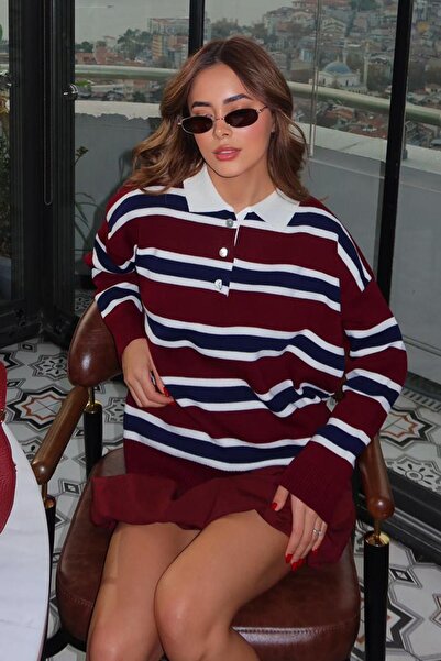 Madmext Burgundy Striped Buttoned Polo Neck Women's Knitwear Sweater Mg2280