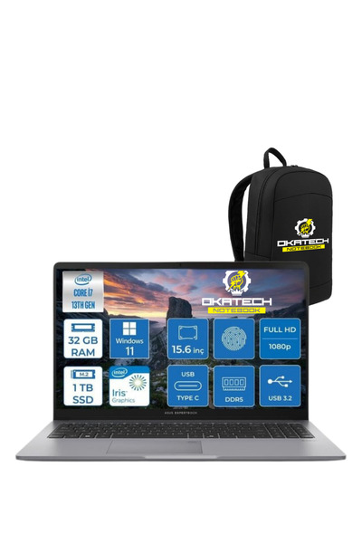 ASUS EXPERTBOOK P1503 INTELCORE I7-13620H 32GB RAM 1 TB SSD WİN11 PRO 15.6” FHD NOTEBOOK + OKATECH ÇANTA
