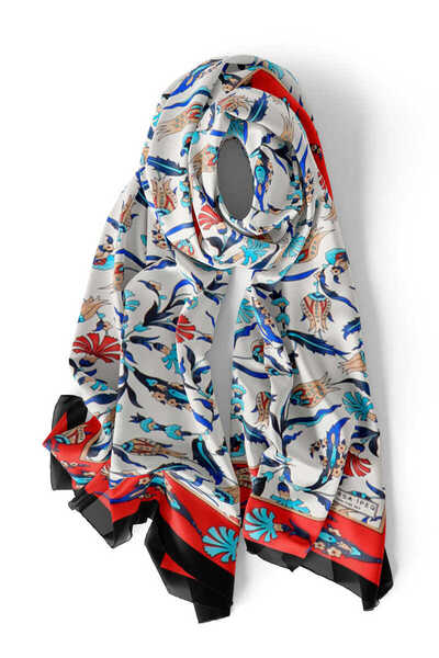 Bursa İpek Red Navy Blue Carnation Tulip Silk Scarf