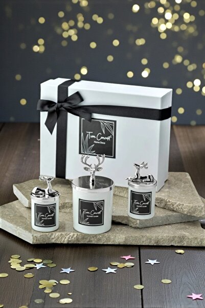 Tiem Concept Yılbaşına Özel Hediye Kutulu Vanilya Kokulu Gümüş Geyikli 3 'lü Beyaz Bardak Mum Seti