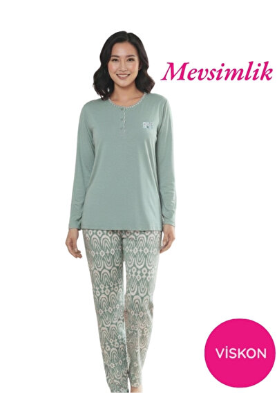 ALİMER Kadın Yeşil Etnik Desen 3 Düğmeli Likralı Viskon Mevsimlik Uzun Kol Pijama Takımı