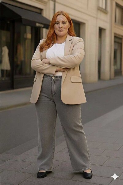 ELONİ New Season - Premium Super Battal High Waist Flexible/Lycra Wide Leg Denim Pants-Grey