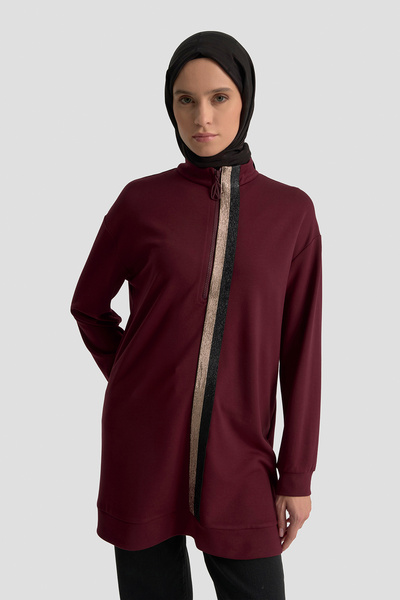 Armine Zippered Stand Collar-Stripe Detailed Tunic Autumn-Winter