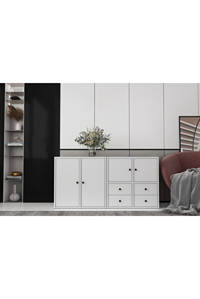 Nettrends Dört Kapaklı Raflı Beyaz Konsol Çıtasız Kns-1183-ç