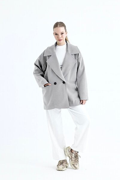 Kiremit Salaş Kruvaze Kaşe Ceket Gri