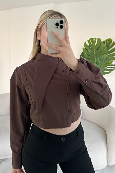 VİSKALİ Asimetrik Yaka Poplin Kahverengi Gömlek