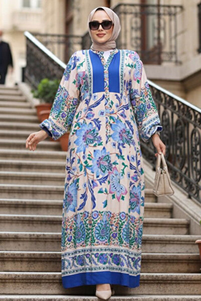 N.S NEVA STYLE فستان حجاب أزرق ساكس منقوش بالزهور 24012SX