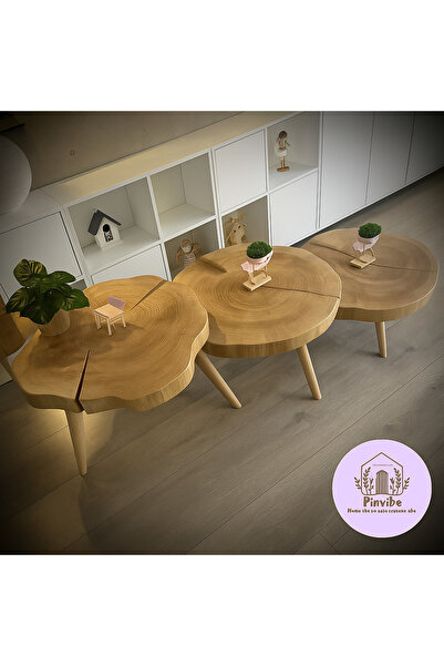 Home Pinvibe 3'lü Masif Kütük Zigon Sehpa Seti | El Yapımı Organik Formlu Rustik Tasarım