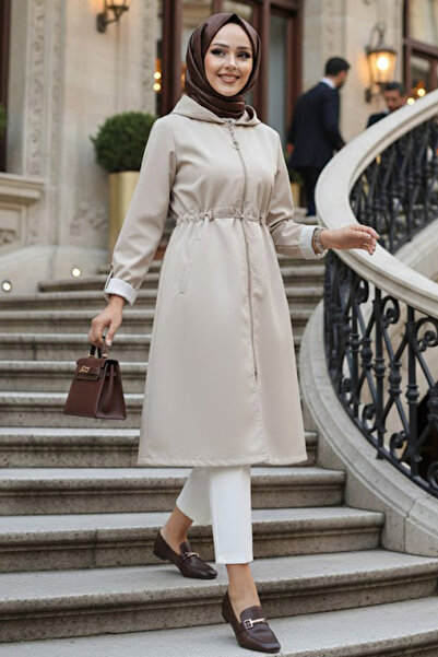 Neva Style Beige Hijab Trench Coat - Zippered, Model 69721Beige