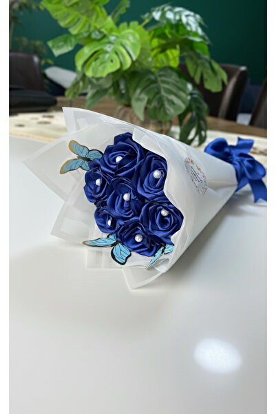 Buketim Seninle 7'li Lacivert İncili Solmayan Saten Gül Buketi, Sevgiliye, Arkadaşa, Öğretmene Hediye