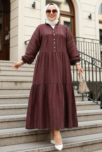 N.S NEVA STYLE Ριγέ Καφέ Φόρεμα Hijab 103016KH