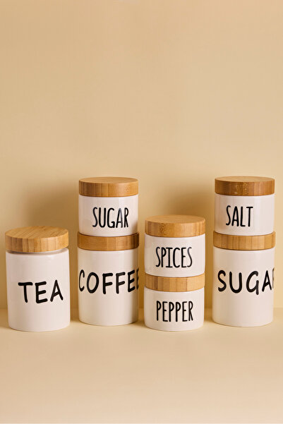 Perotti طقم أمارا المكون من 7 أوعية توابل بورسلين بيضاء مستديرة مع أغطية من الخيزران