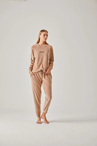 Pamuk & Pamuk Βελούδινο Γυναικείο Σετ Πυτζάμες - Μπεζ Wild Stone Printed