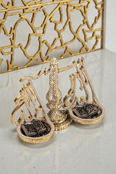 Güncel Vitrin Zirkon Taşlı Adalet Terazisi Lafızlar Dekoratif Biblo 27*21 cm