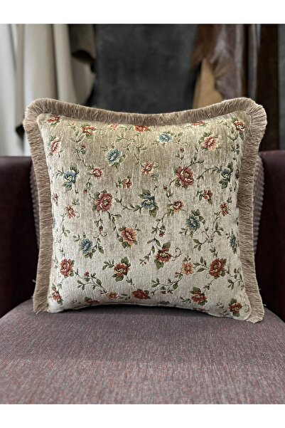 Fabricland Goblen Dokuma Keten Kahverengi Püsküllü Kırlent Kılıfı 43x43cm