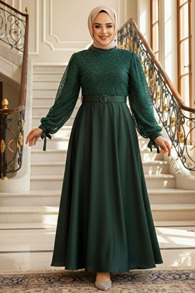 Neva Style Beading Embroidered Emerald Green Satin Hijab Evening Dress 6176Zy
