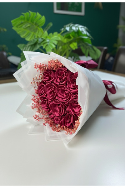 Buketim Seninle 11'li Fuşya Cipsolu Solmayan Gül Buketi, Saten Çiçek, Sevgili...