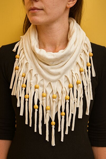 Gönülden Tasarım Wooden Beaded Combed Cotton Scarf Neck Collar Clothing Accessory Ecru
