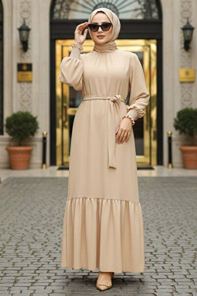 Neva Style Rochie crema pentru tesettură cu volan la tiv 5972KR