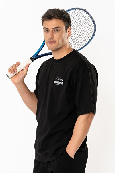 Coredra Tricou oversize Racquet Lover pentru bărbați - negru