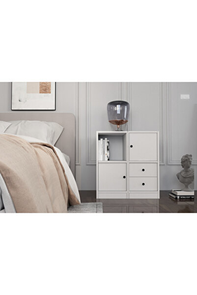 Nettrends Raflı Iki Kapaklı Iki Çekmeceli Beyaz Komodin Çıtasız Kmd-1034ç