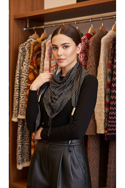 Gönülden Tasarım Puantiyeli Payetli Şerit Halka Uçlu Kadın Fular Şal Siyah