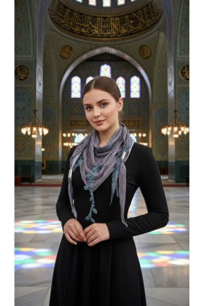 Gönülden Tasarım Polka Dot Sequined Stripe Ring-Tipped Women's Scarf Shawl Gray