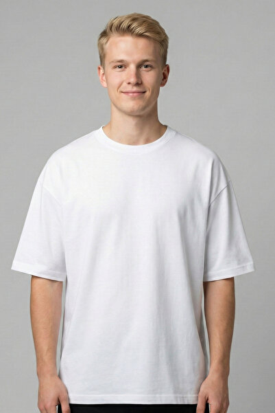 LAYKRA Beyaz Oversize %100 Pamuk Kalın Dokulu İç Göstermeyen Bisiklet Yaka Tişört