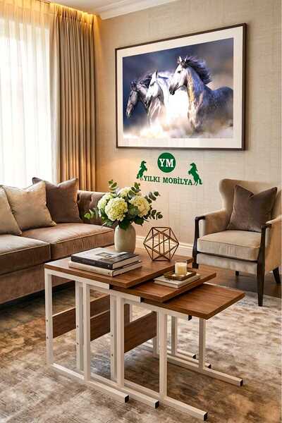 Genel Markalar Üçlü Zigon Sehpa Atlantik Çam Beyaz Metal Ayaklı Sehpa