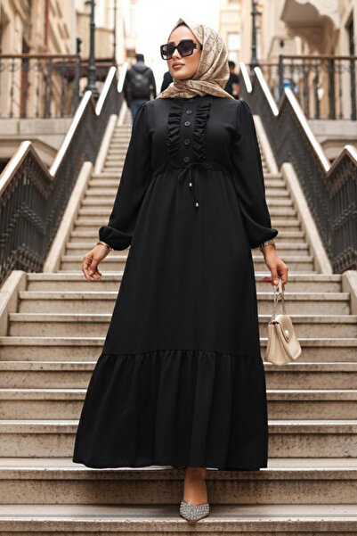 Neva Style Black Hijab Dress - Ruffle Detailed, Model 6731S