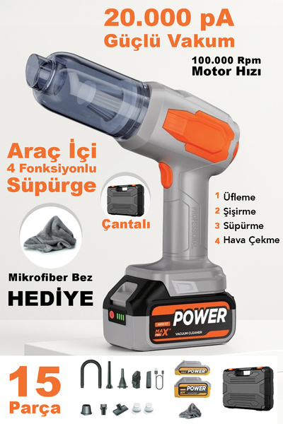 mimtec 20.000pa Güçlü Araç Süpürgesi - Çift Bataryalı 25.000 mAh Portatif Vak...