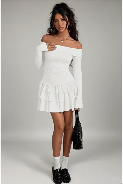 Les Séduisantes c.a. din neopren Rochie scurtă cu volan, cu guler Madonna, cu etaje