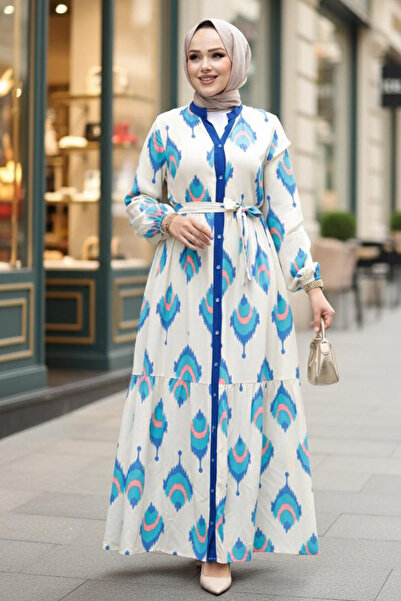 N.S NEVA STYLE فستان حجاب أزرق ساكس منقوش 23926SX