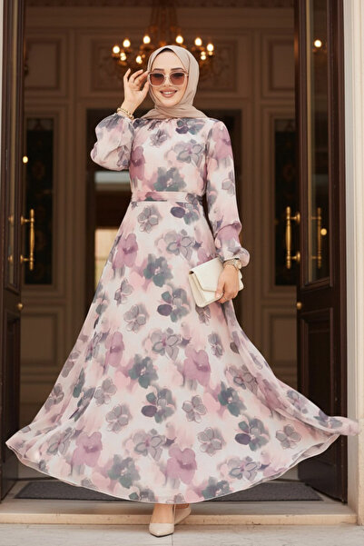 Neva Style Floral Patterned Dusty Rose Hijab Dress 279905 Gk