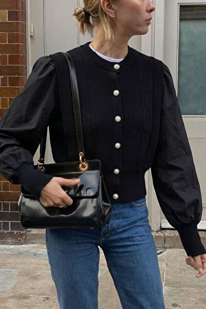 FEMELLE Women's Black Knitwear Sleeves Fabric Buttoned Knitwear Cardigan