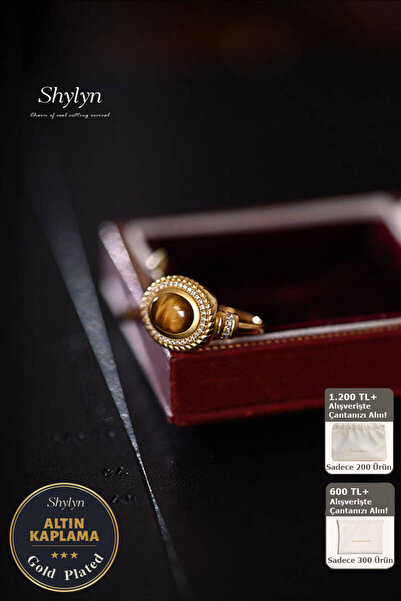 Shylyn 18K Altın Kaplama Doğal Kaplan Gözü Taşlı Zirkon Detaylı Açık Yüzük