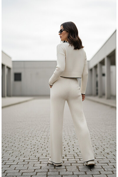 YusGos Women's Crew Neck Shepherd Stitch Knit Crop Sweater Pants Knitwear Top and Bottom Set Cream m