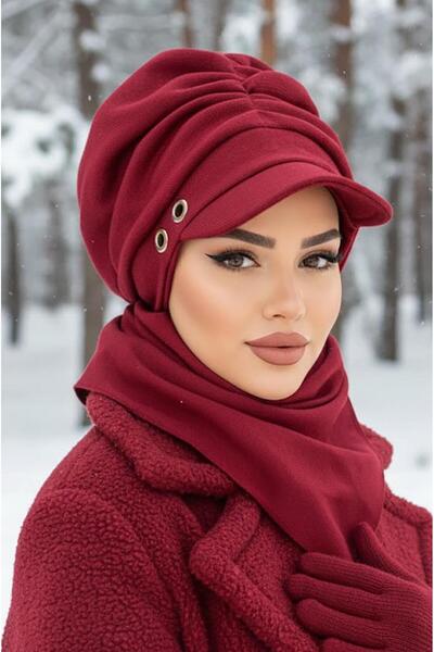 Aişe tesettür Bordo Metal Detaylı Büzgülü Tesettür Şapka Ve Etol Takım