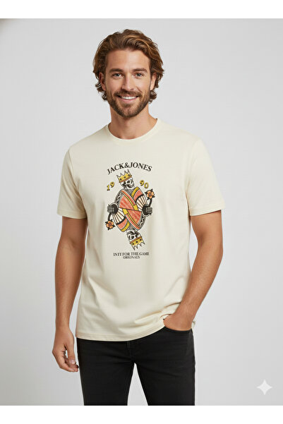 Jack & Jones Jack&jones JORANATOMY SKULL Logo O Neck Erkek Krem Bej Bisiklet Yaka Tişört