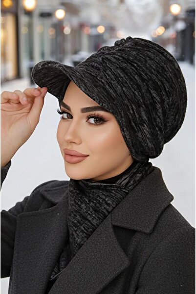 Aişe tesettür Siyah Gri Melanj Tesettür Şapka ve Etol Takım