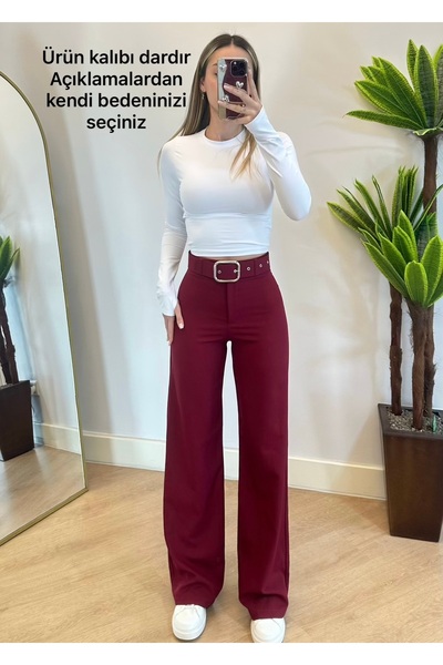 ADELLA BUTİK Kadın Bordo Şık Kemerli Palazzo Kumaş Pantolon(Dar Kalıp)