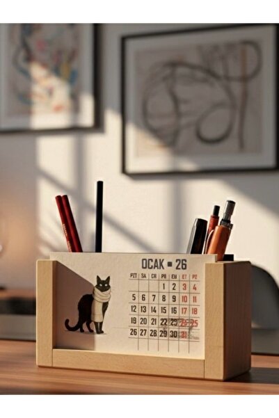 KAVSA Kedi Temalı Ahşap Takvimli Kalemlik