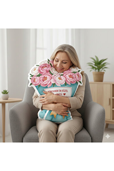 Piloji Dünyanın En Güzel Annesi Çiçek Buketi Şekilli Yastık Kırlent 50cm | An...