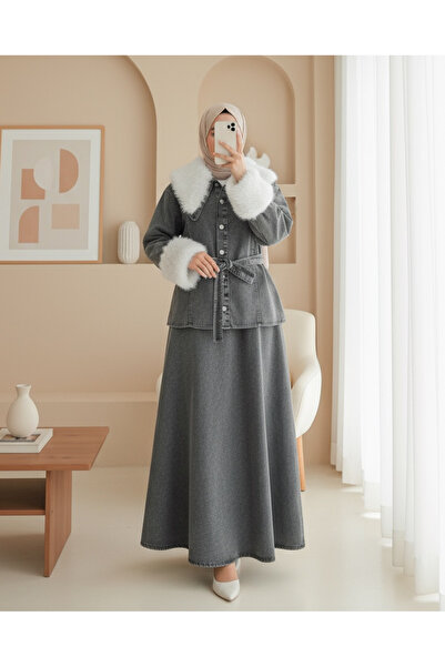 Modamorfo Peter Pan collar Denim Suit with Fur Collar and Sleeves and Belted Waist - Smoked