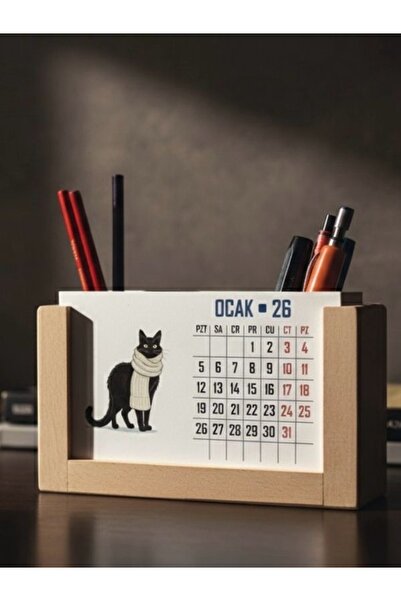 KAVSA Kedi Temalı Ahşap Takvimli Kalemlik