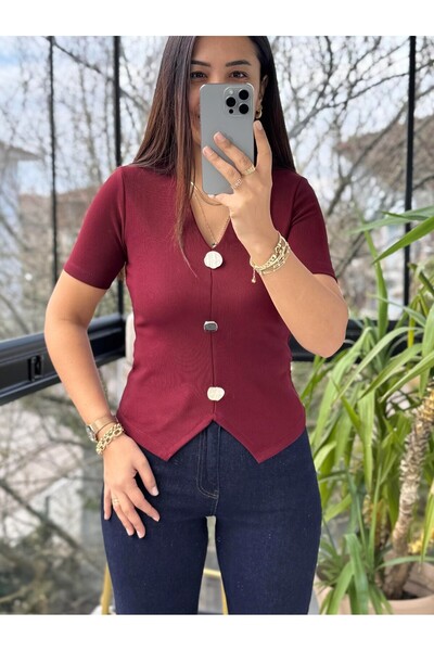 Butik Kadın Ottoman Kumaş Tasarım Düğme Aksesurlı V Yaka Bluz