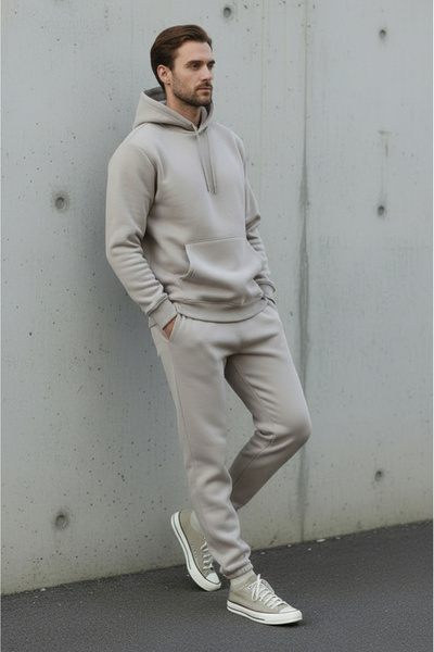 Sizce Moda Ανδρικό σετ φόρμας με κουκούλα από βαμβακερό χρώμα πέτρας, μαλακής υφής, με φλις εσωτερικά