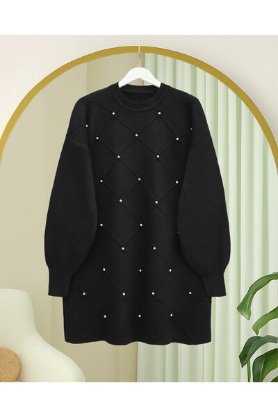 Modamorfo Stone Detailed Square Patterned Knitwear Tunic -Black