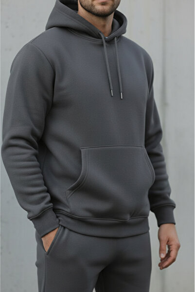 Sizce Moda Ανδρικό σετ φόρμας με κουκούλα από βαμβακερό καπνιστό βαμβάκι με 3 κλωστές με μαλακή υφή και φλις εσωτερικά